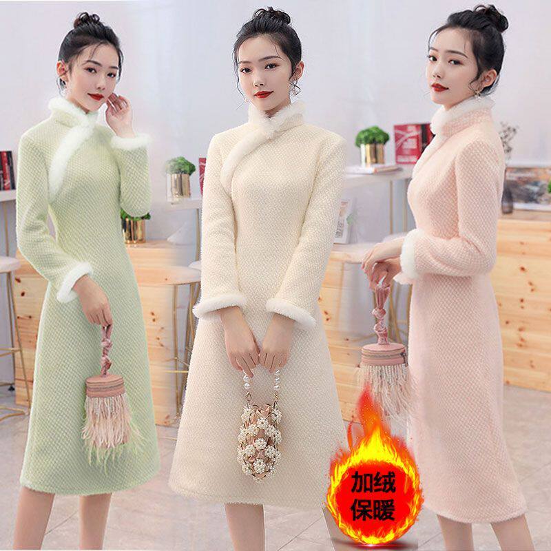 旗袍秋冬季加绒改良旗袍中长款长袖女日常穿搭2025新款毛领旗袍裙