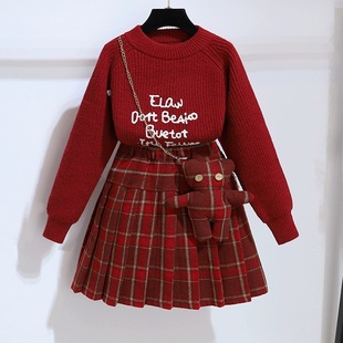 女童毛衣套装秋冬洋气红色新年拜年服儿童保暖针织衫百褶裙两件套