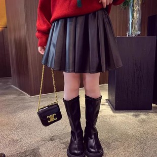 儿童黑色PU皮百褶小皮裙短裙女童2025春秋新品a字半身裙韩版百搭9