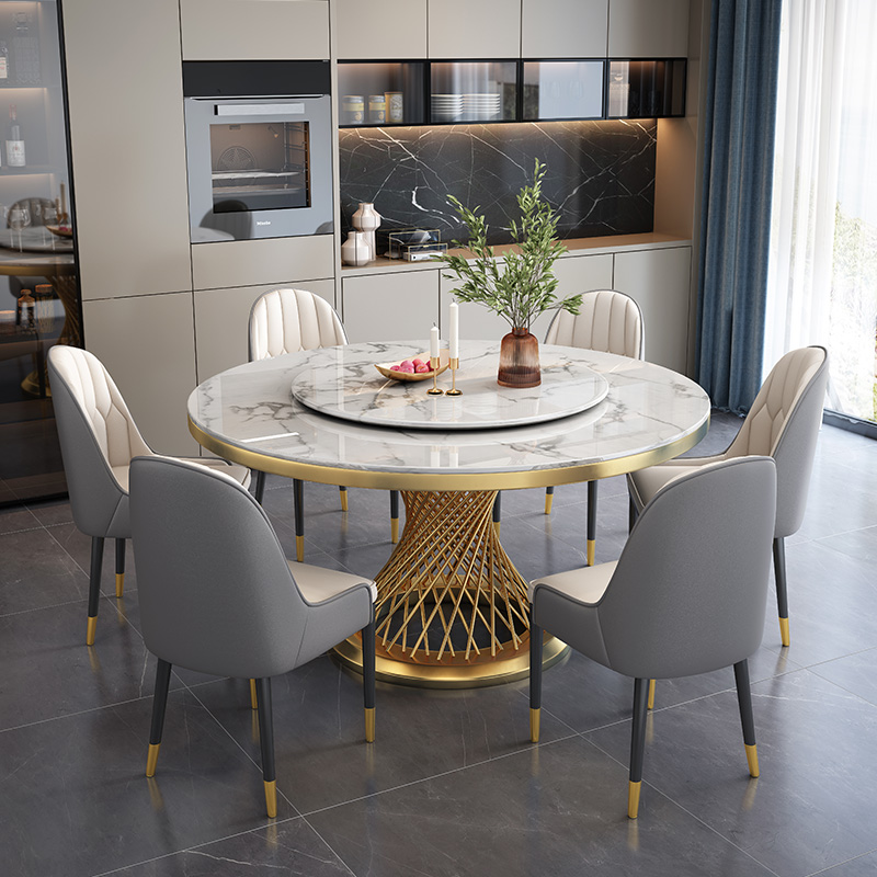 速发大理石圆桌带圆盘意式极简家用简组饭桌子10人转形餐桌椅约合