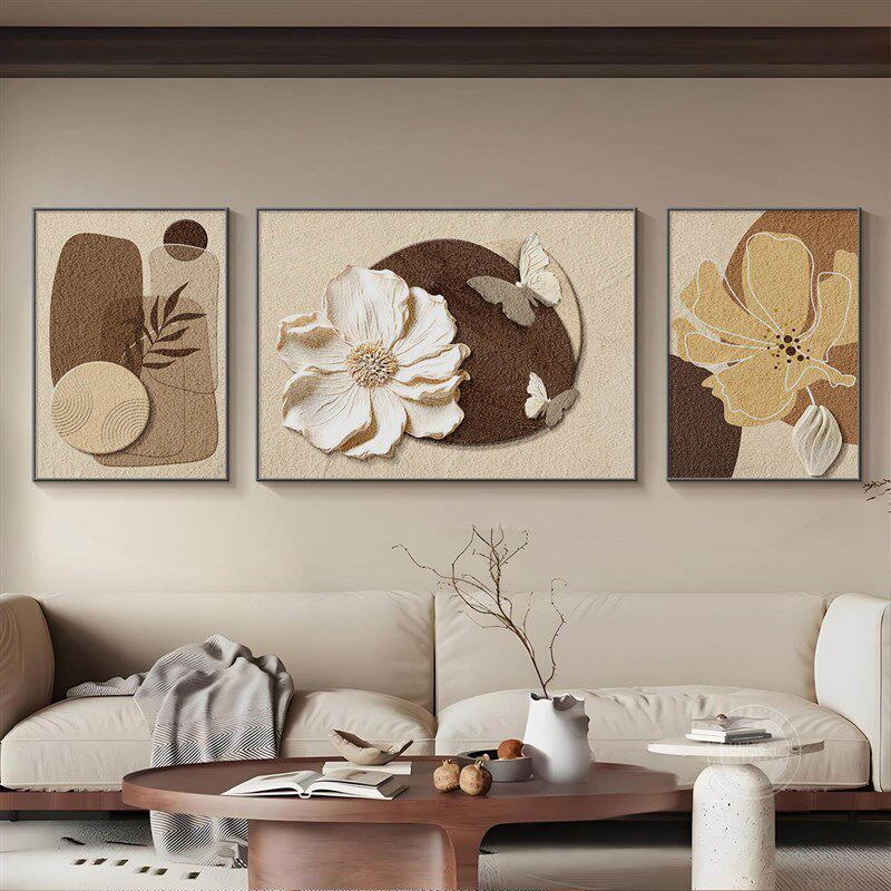 速发现代简约客厅装饰画法式奶油风沙发背景墙挂画立体高级感三联