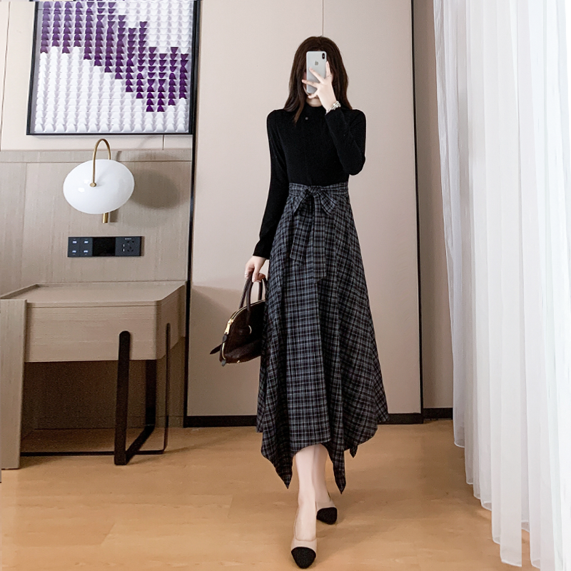 法式气质高级感假两件连衣裙女长袖2025秋冬季新款收腰格子长裙子