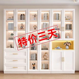 书柜带玻璃门加厚背板儿童防尘书橱一体整墙到顶家用书架展示柜子