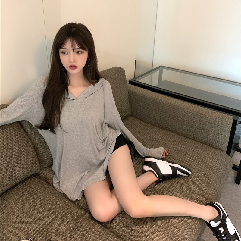 速发V领上衣春夏宽松休闲慵懒连帽打底衫长袖中长款运动防晒T恤