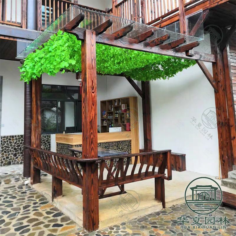 速发家用户外凉亭子攀藤架子庭院葡萄架室外碳化木防腐木花架地板