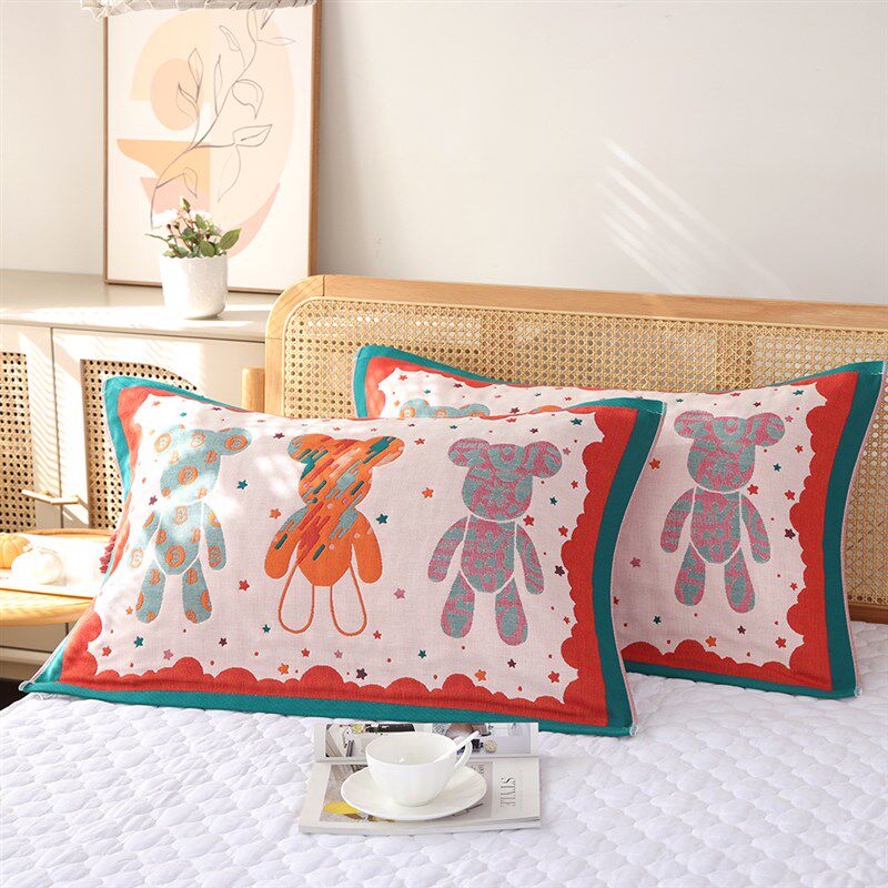 速发纯棉纱布枕巾一对装春秋款水洗棉成人家用枕头巾透气全棉枕头