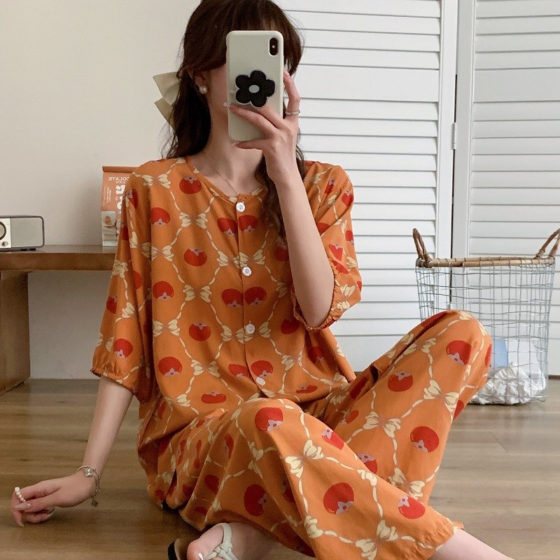 速发棉绸睡衣夏长裤人可棉家居服中袖套装大造薄款学生码爱
