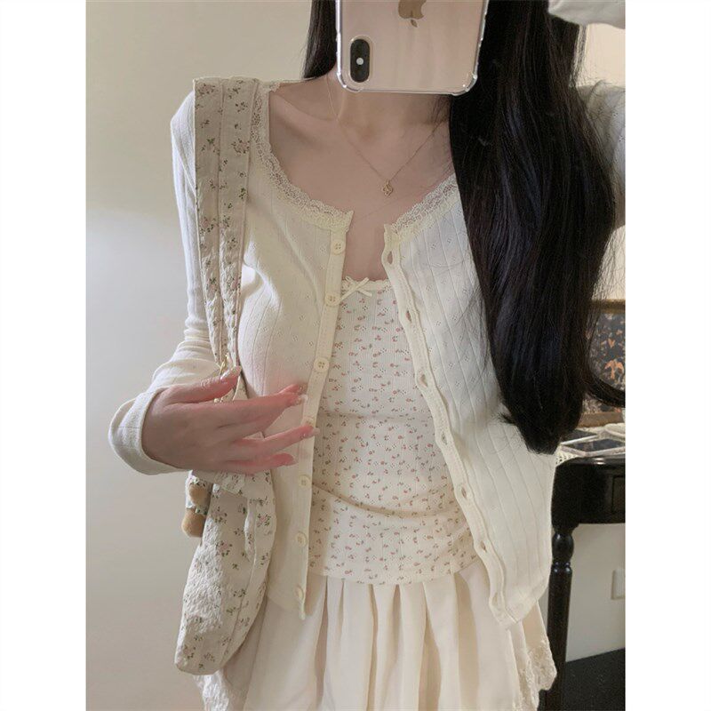 速发丝品 可花又温柔 蕾新爱边纽扣bm风长袖tee恤短款圆领两穿上