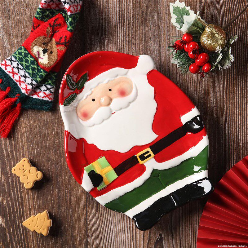 速发立体手绘圣诞老人松树圣形心瓷盘早餐盘甜品点陶碟子异诞餐具