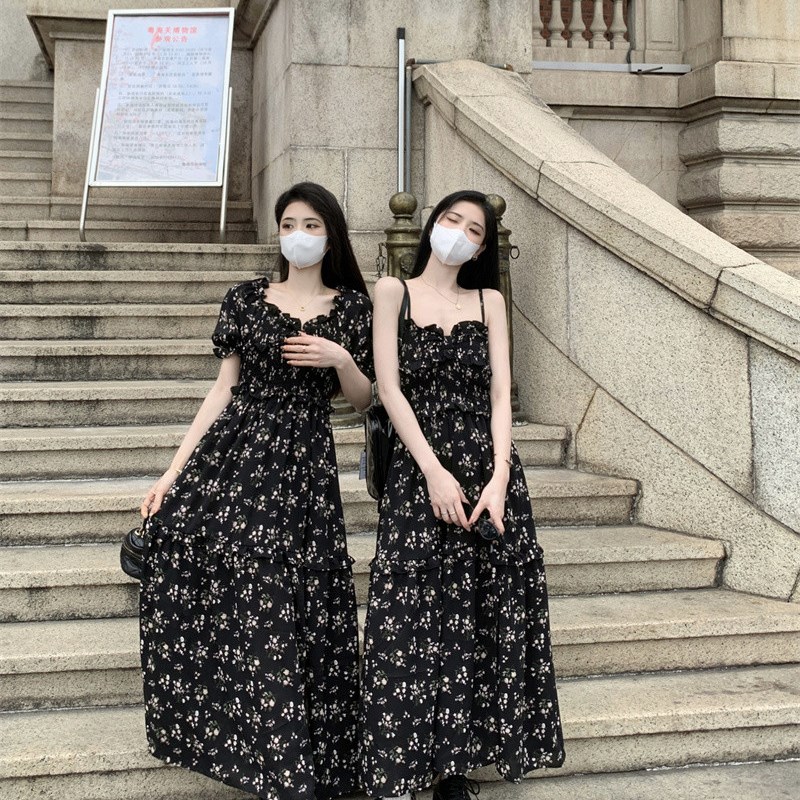 速发大码则式茶歇碎花连夏裙衣季款梨形身材不规法开叉温柔长裙