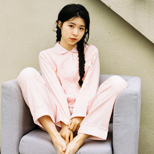 速发 士纯层纱全棉家居 双棉长袖格子简约服睡衣套装