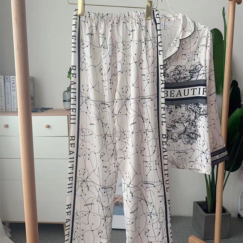 速发时尚轻奢睡衣春秋款高级感长袖薄款翻领星座印花家居服套装