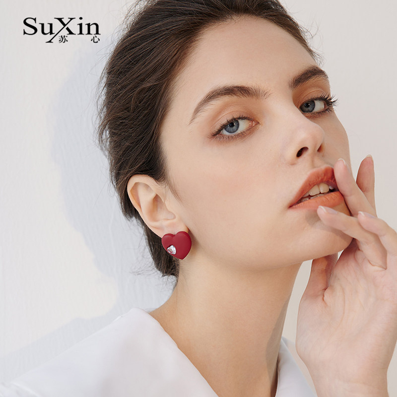 苏心925银针爱心耳坠人造水钻个性耳钉气质日韩风百搭款小众耳饰