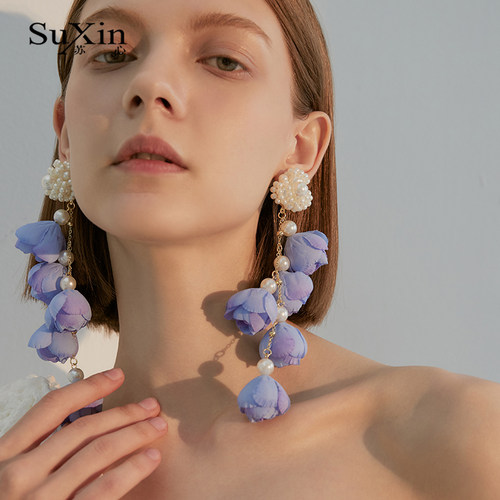 花朵耳坠夸张长款流苏耳环气质