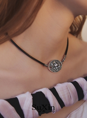 苏心饰品黑色皮绳吊牌项链女小众设计个性高级choker简约气