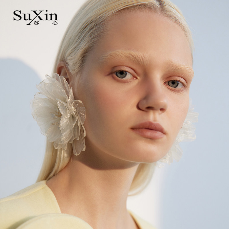 苏心925银针网纱花朵夸张欧美风耳环度假风春天耳坠个性潮流耳坠