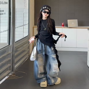 女童飘带长袖T恤2025秋季款中大童街舞酷飒风脏脏破洞牛仔裤套装