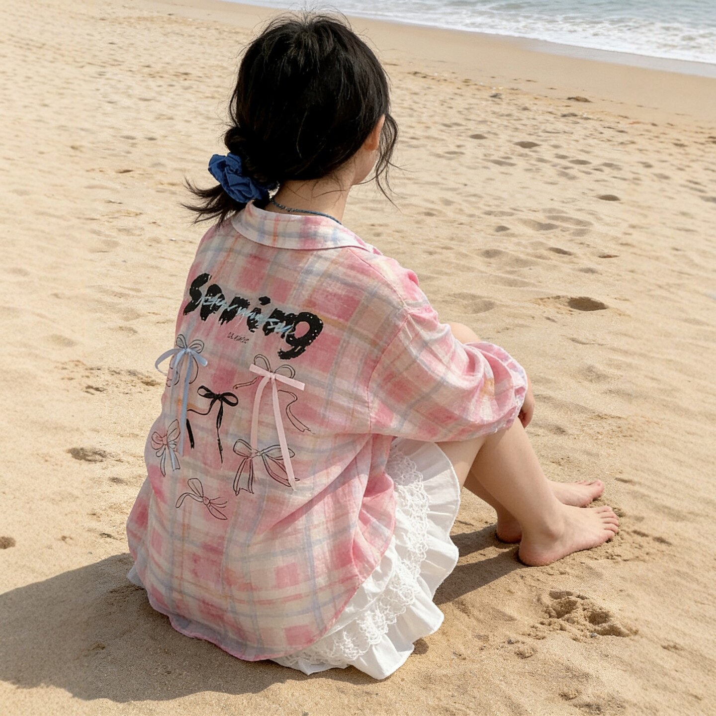 女童格子衬衫蝴蝶结防晒衣2026春夏新款韩版中大儿童格纹长袖衬衣