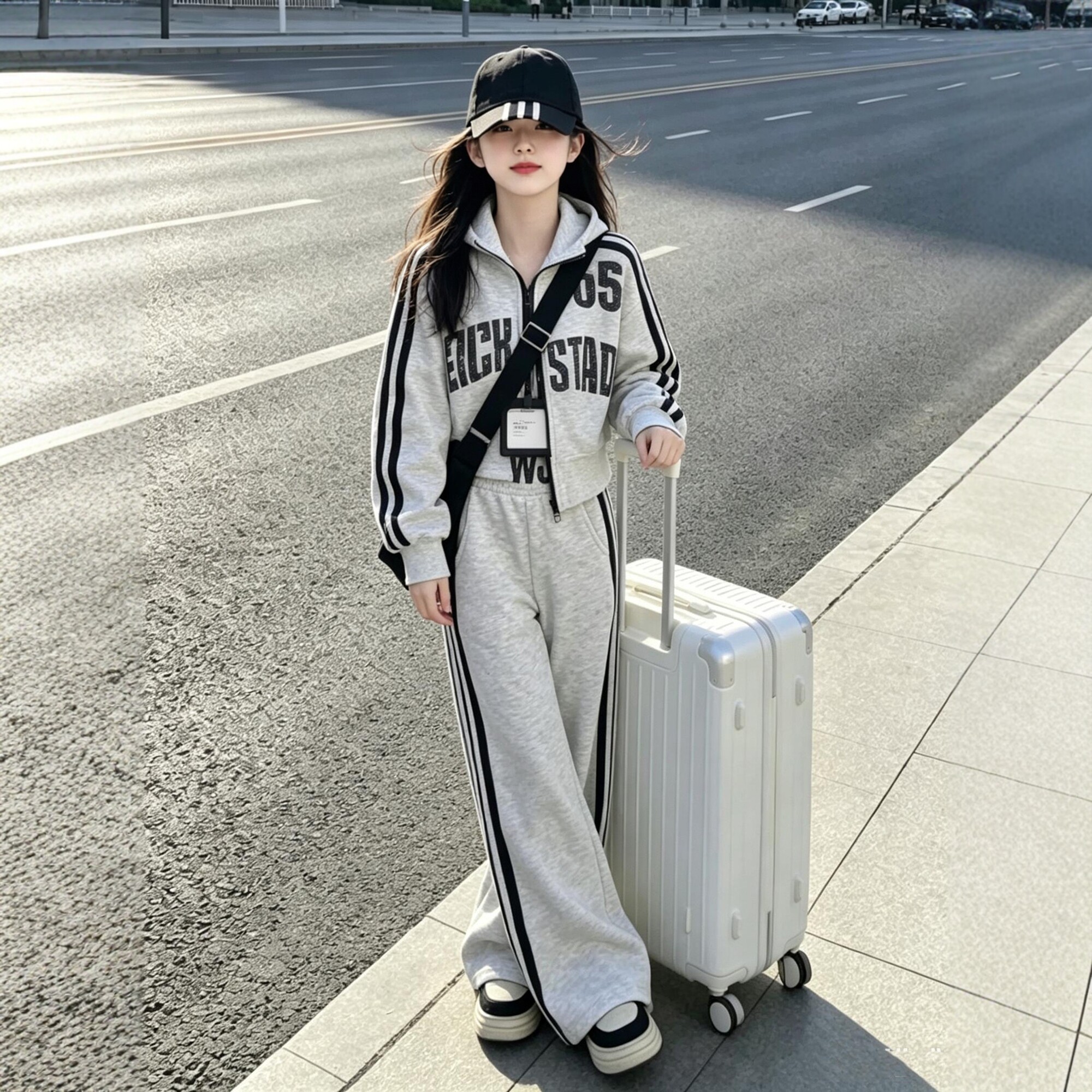 女童韩版运动风卫衣套装2026春秋新款修身拉链外套阔腿裤两件套潮