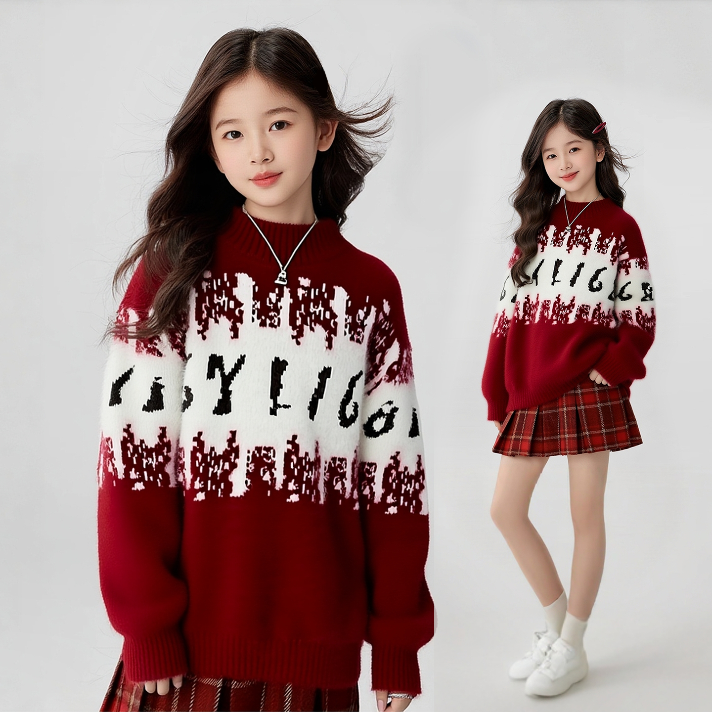 女童红色水貂绒毛衣冬季毛线衣