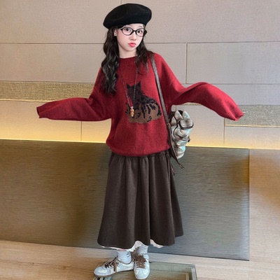 女童毛衣2025秋冬半身裙长裤套装