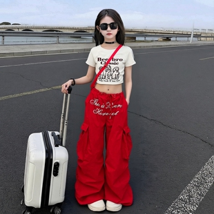 女童卡通短袖T恤2026春夏新款中大童潮搭爵士街舞速干工装裤套装