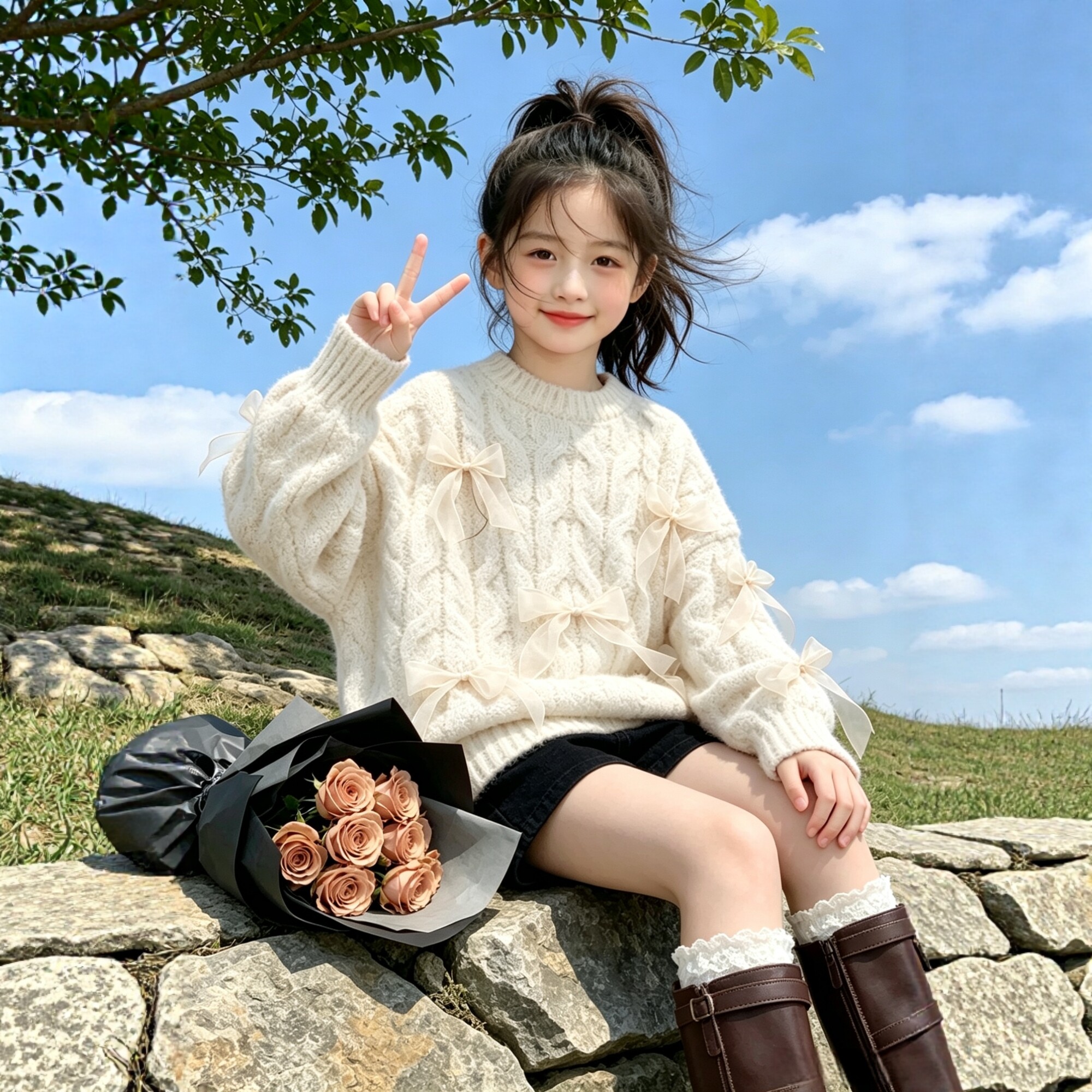 女童仙女风蝴蝶结麻花针织毛衣2026秋冬宽松加厚手工编织毛线上衣