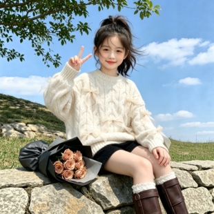 女童仙女风蝴蝶结麻花针织毛衣2026秋冬宽松加厚手工编织毛线上衣