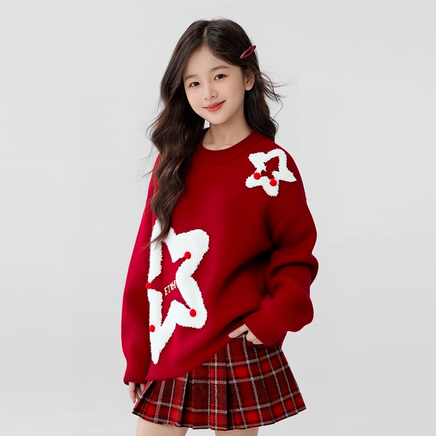 甜美风红色字母毛衣套装