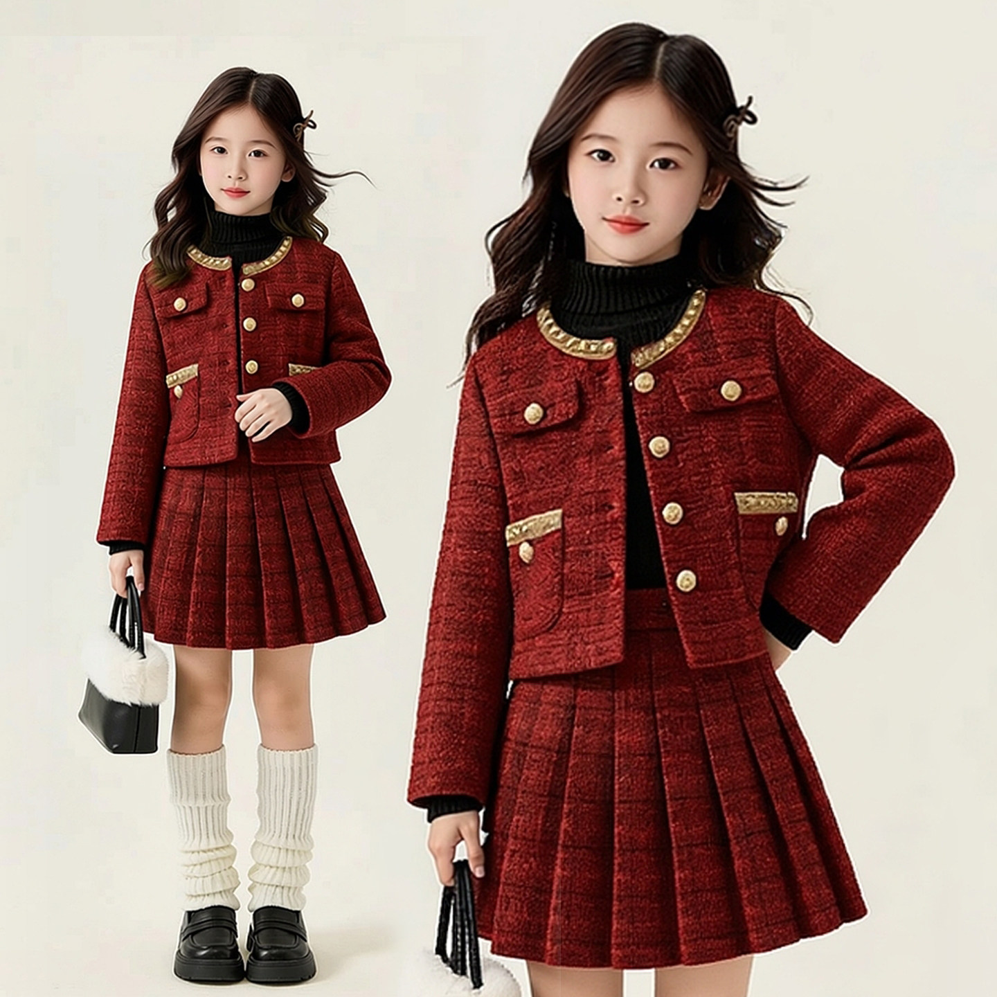 女大童小香风套装2025新年红格纹毛呢夹棉外套百褶裙两件套千金风
