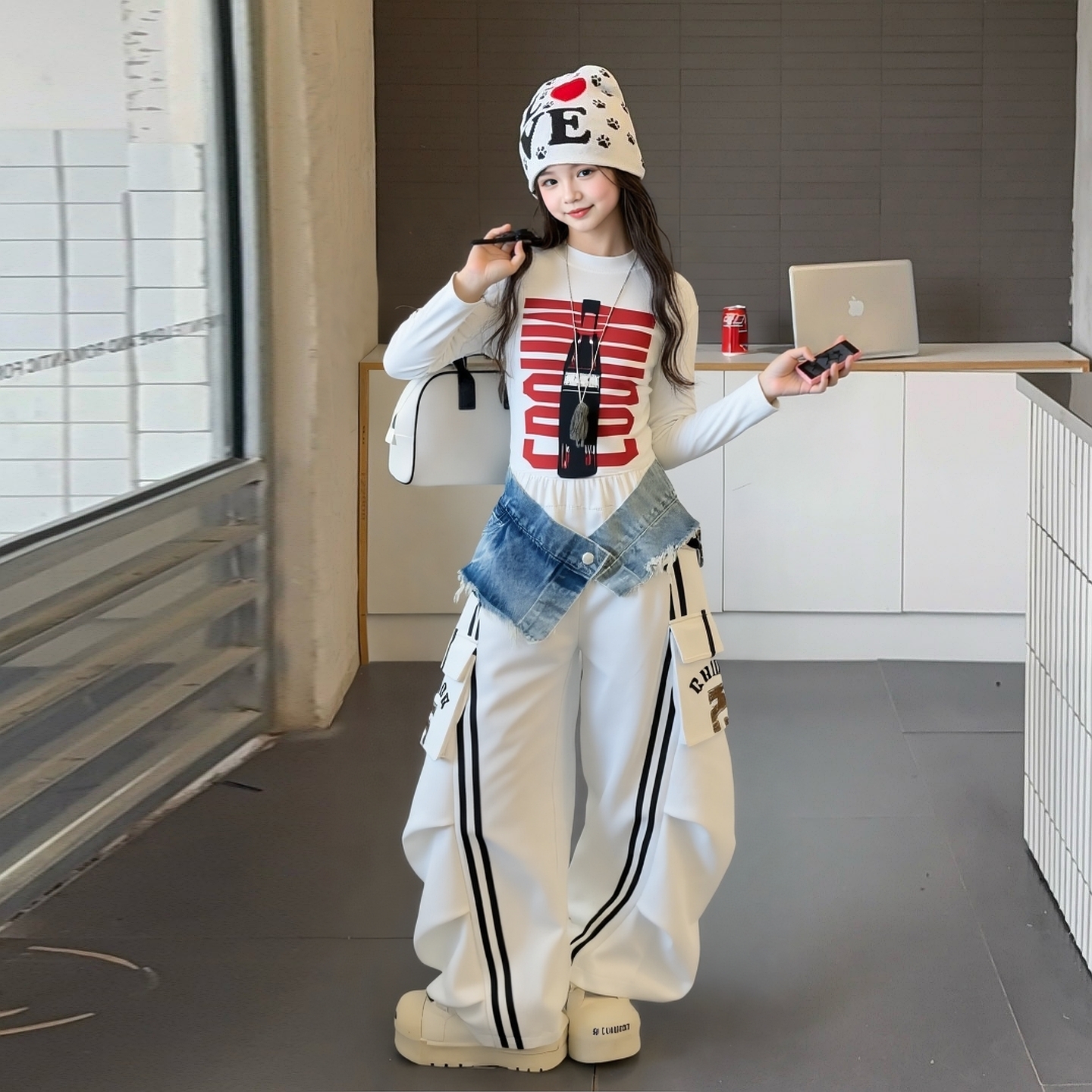 女童爵士街舞织带工装裤两件套