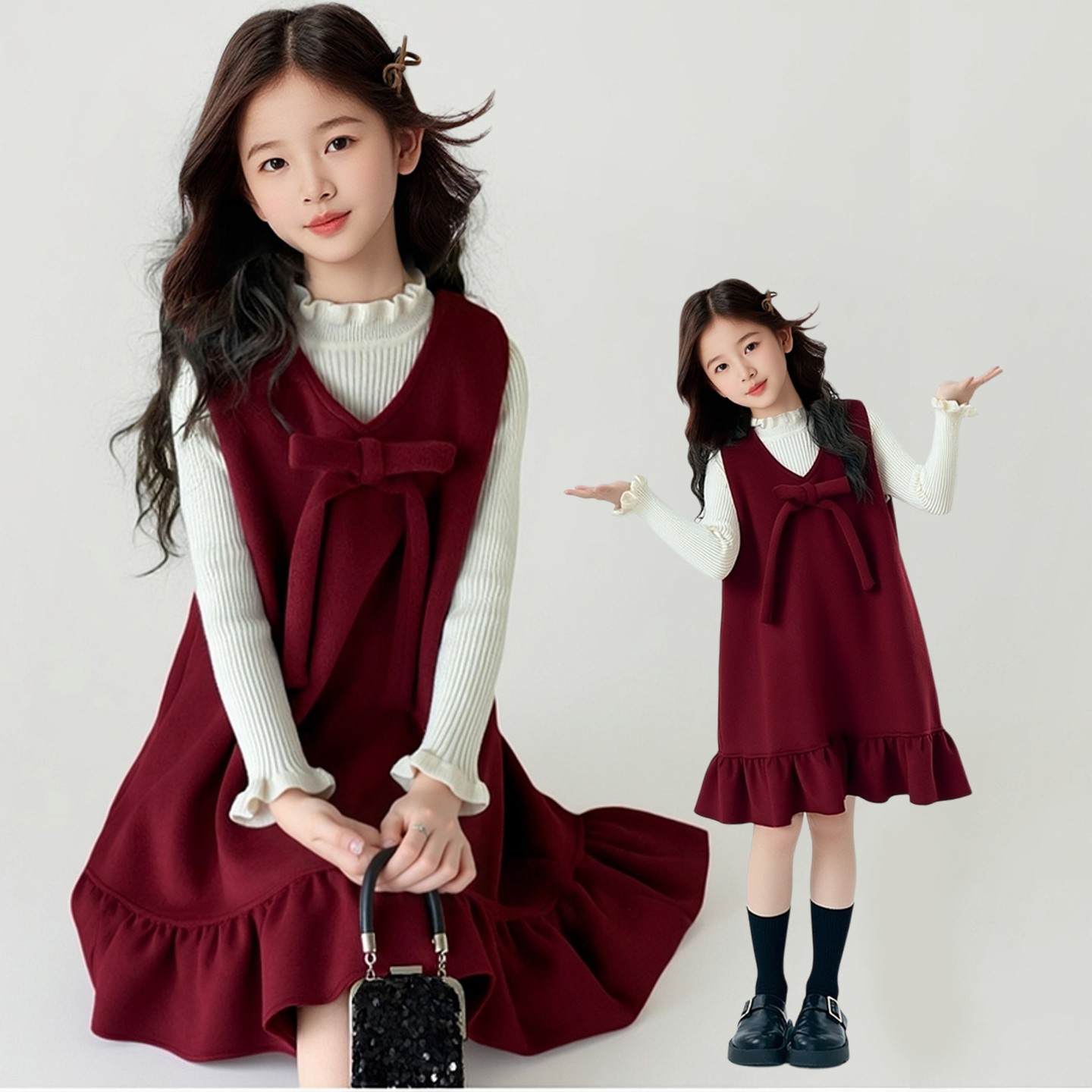 女童小香风蝴蝶结背心裙套装