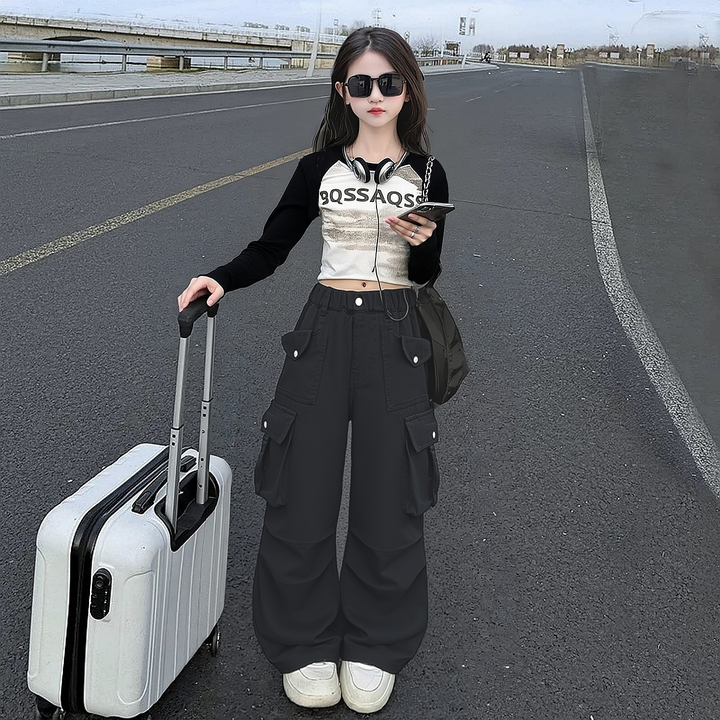 女童字母拼色长袖T恤休闲工装套