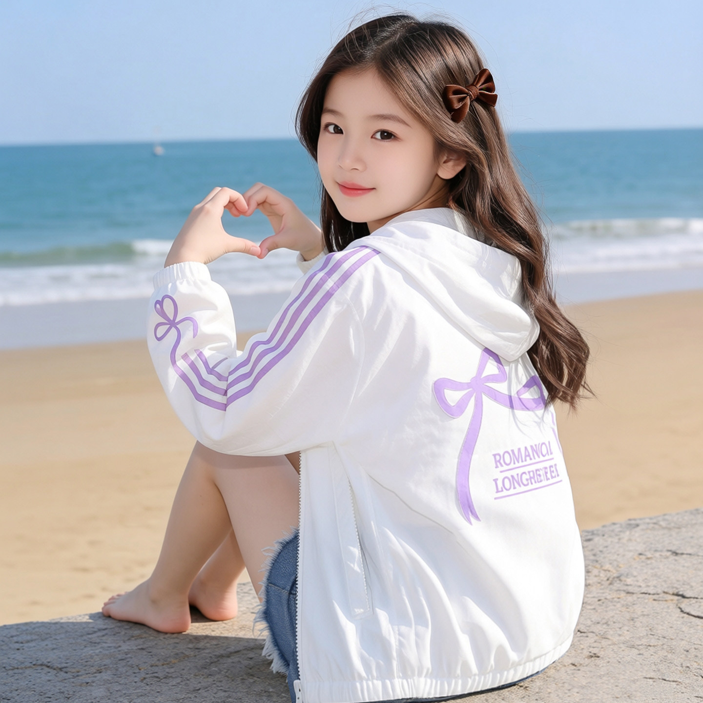 女童甜美休闲风连帽防晒衣2026夏季轻薄透气蝴蝶结拉链外套织带