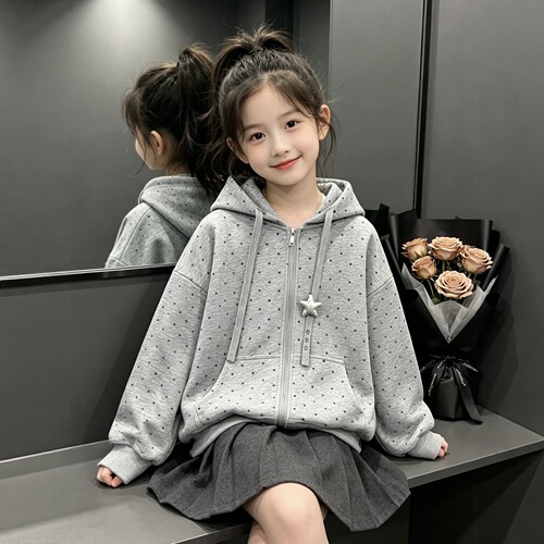 女童星星连帽拉链卫衣春秋新款