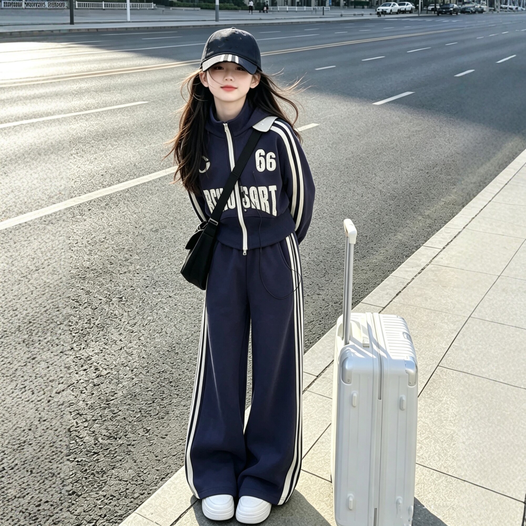 女童韩版运动风卫衣套装2026春秋新款修身拉链外套阔腿裤两件套潮