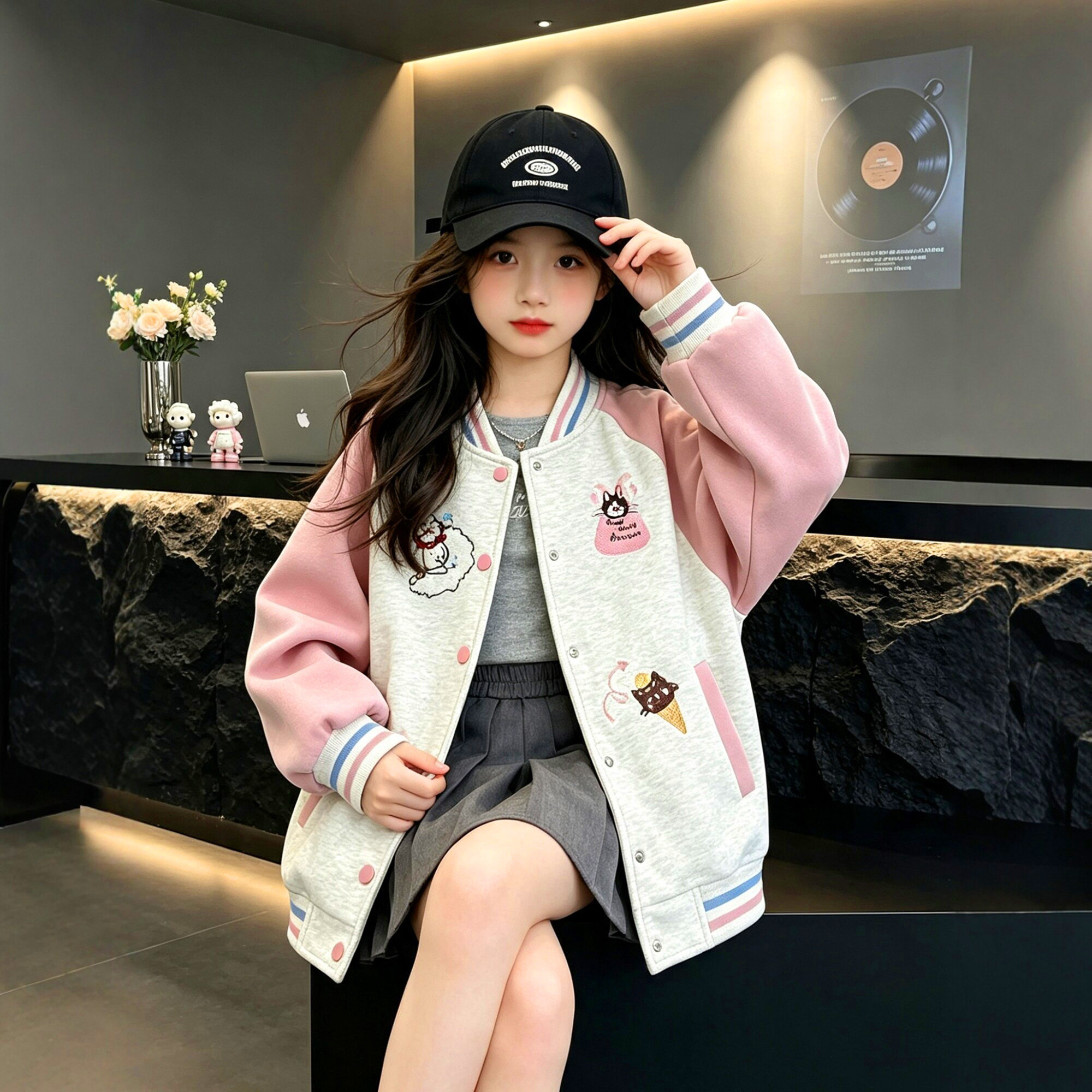 女大童重工刺绣棒球服外套2026秋季新款洋气韩版时尚卡通拼色夹克