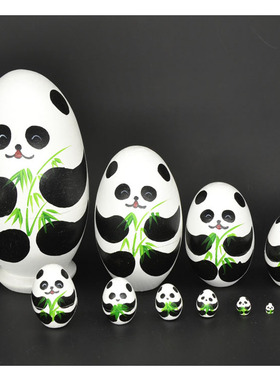 俄式套娃－10层 椴木 蛋形熊猫 背后有竹子手工玩具儿童益智礼品