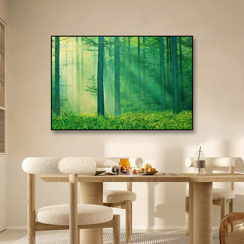 森林日出晨曦挂画客厅沙发背景墙北欧风景装饰画绿色树木植物壁画