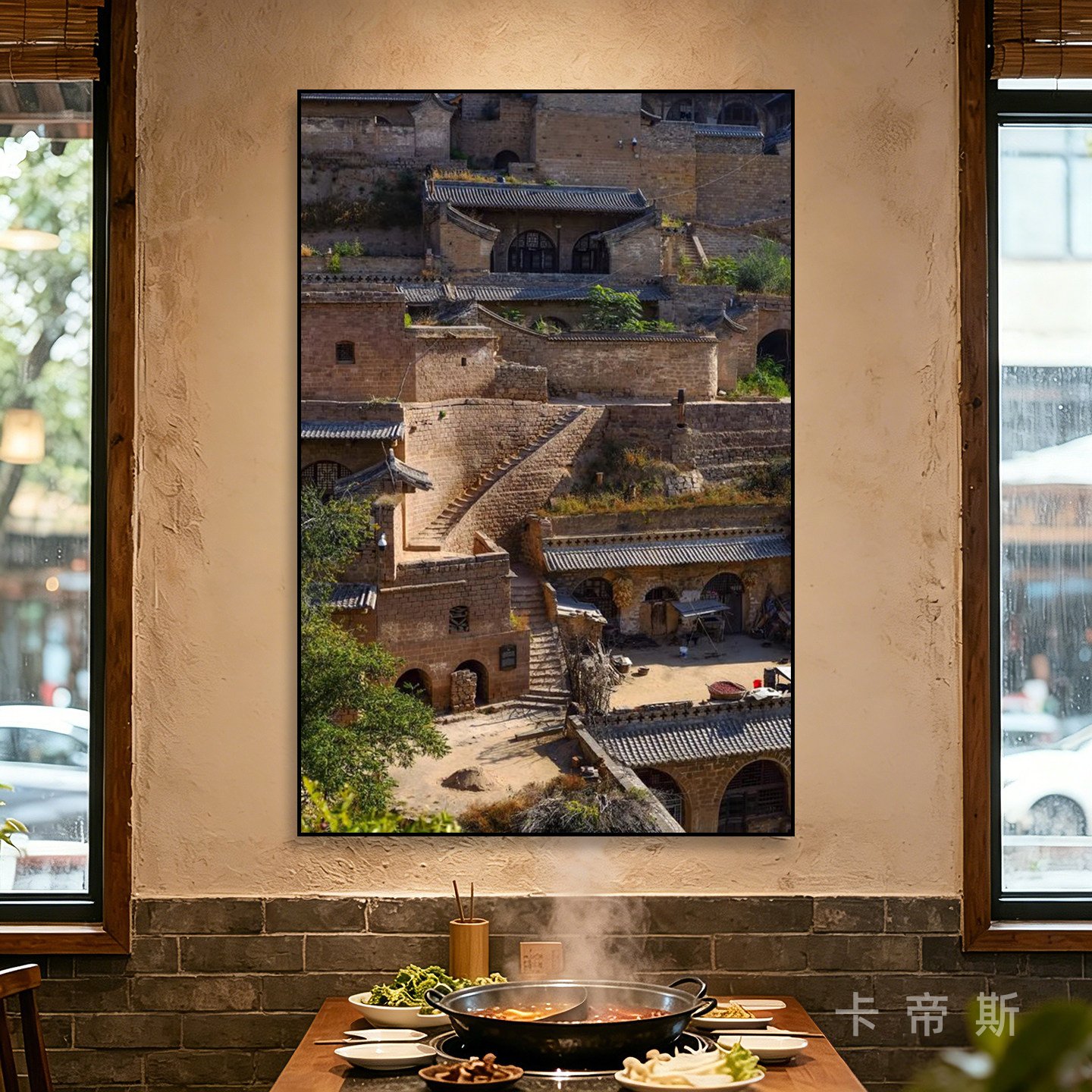 怀旧火锅店餐厅挂画照片壁画西北建筑窑洞黄土高原陕北风景装饰画