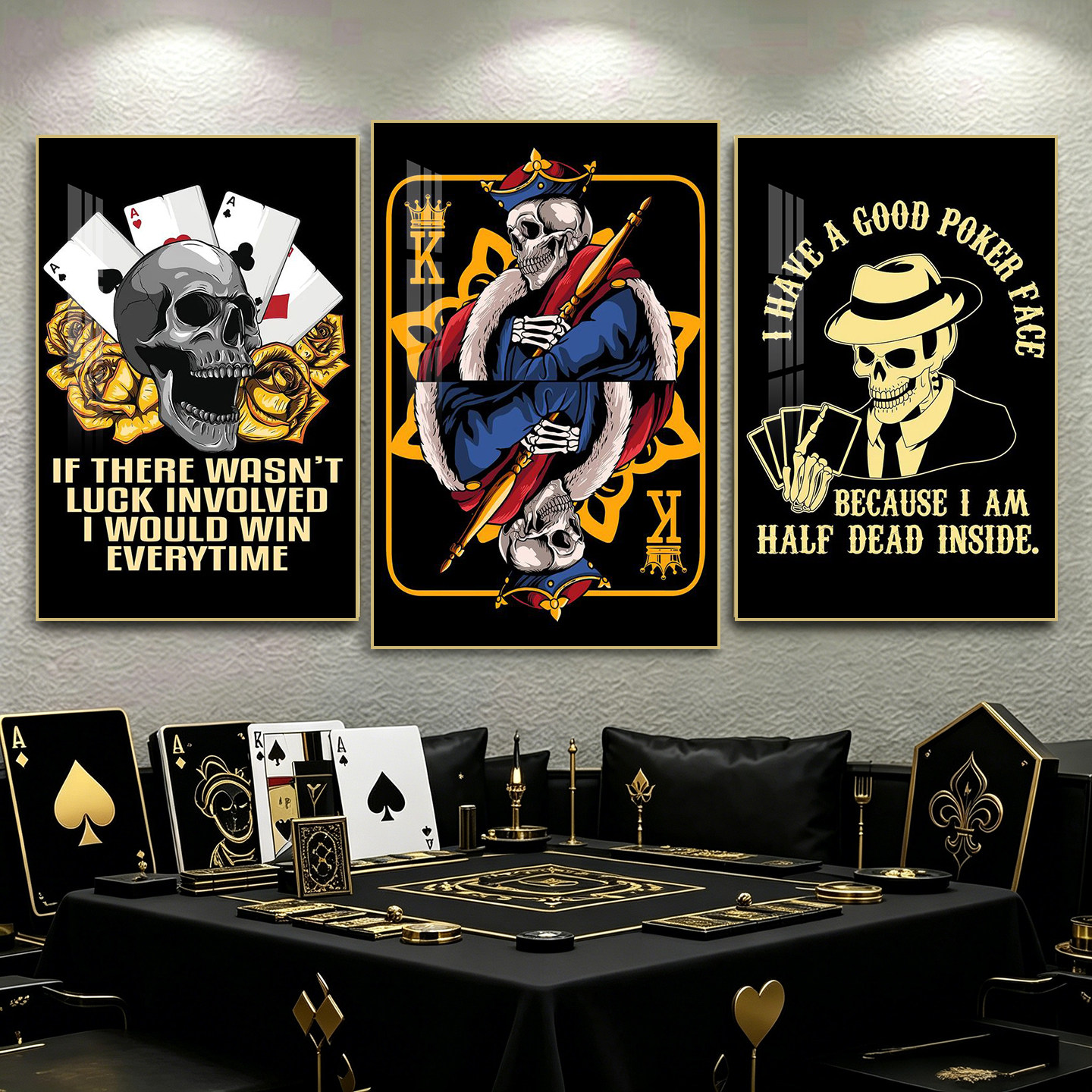 美式复古德州扑克装饰画棋牌室骷髅A挂画台球厅酒吧赌场文化墙画