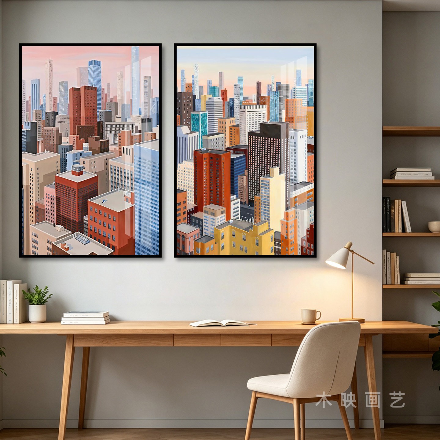 手绘城市建筑插画图挂画房屋设计工作室办公室卡通高楼大厦装饰画