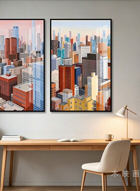 手绘城市建筑插画图挂画房屋设计工作室办公室卡通高楼大厦装饰画