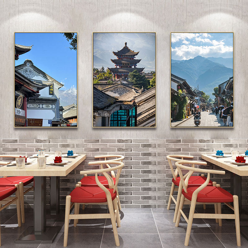 云南丽江古城风景画西双版纳大理香格里拉街景建筑挂画饭店挂画