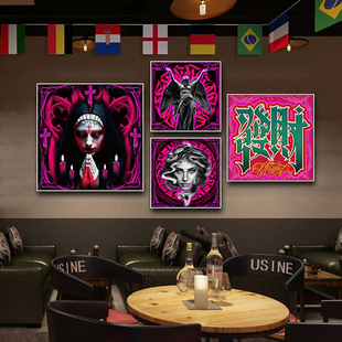 西海岸装饰画暗黑风纹身店挂画酒吧奇卡诺哥特式店铺发光发财壁画
