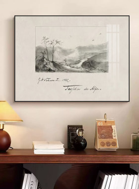 法式复古素描装饰画客厅餐厅墙面极简壁画小众艺术手稿风景挂画