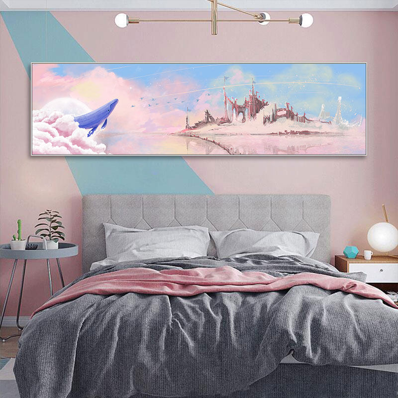 美式城堡装饰画卡通风景儿童房床头客厅挂画女孩卧室书房鲸鱼壁画