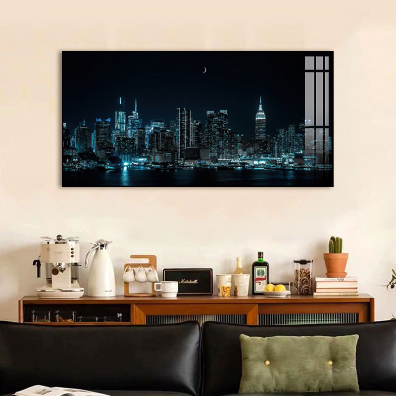 纽约曼哈顿城市夜景挂画简约东京塔高楼装饰画客厅餐厅横版挂画