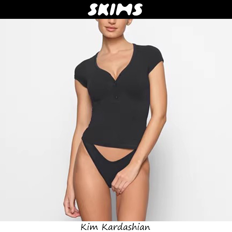 官方正品美国Skims短袖卡戴珊塑身衣修身显瘦T恤V领半开扣上衣女