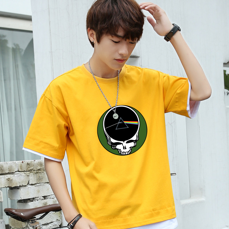 欧美摇滚月之暗面平克弗洛伊德PinkFloyd假两件男女短袖T恤潮衣服